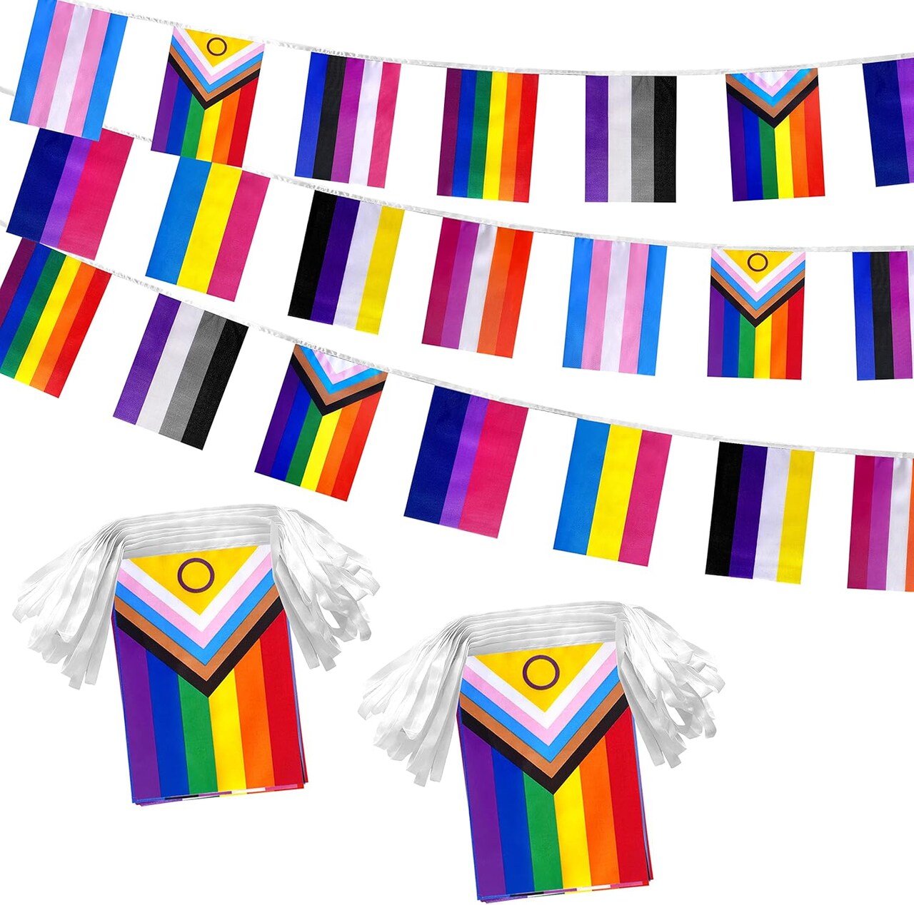 2 Packs Progress Rainbow Gay Pride Flag Banner String LGBTQ Inclusive Bunting Flags,66 Feet 60 Flags